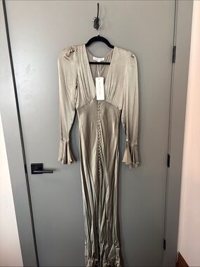 Shona Joy Long Satin V-Neck Dress in Metallic Sage